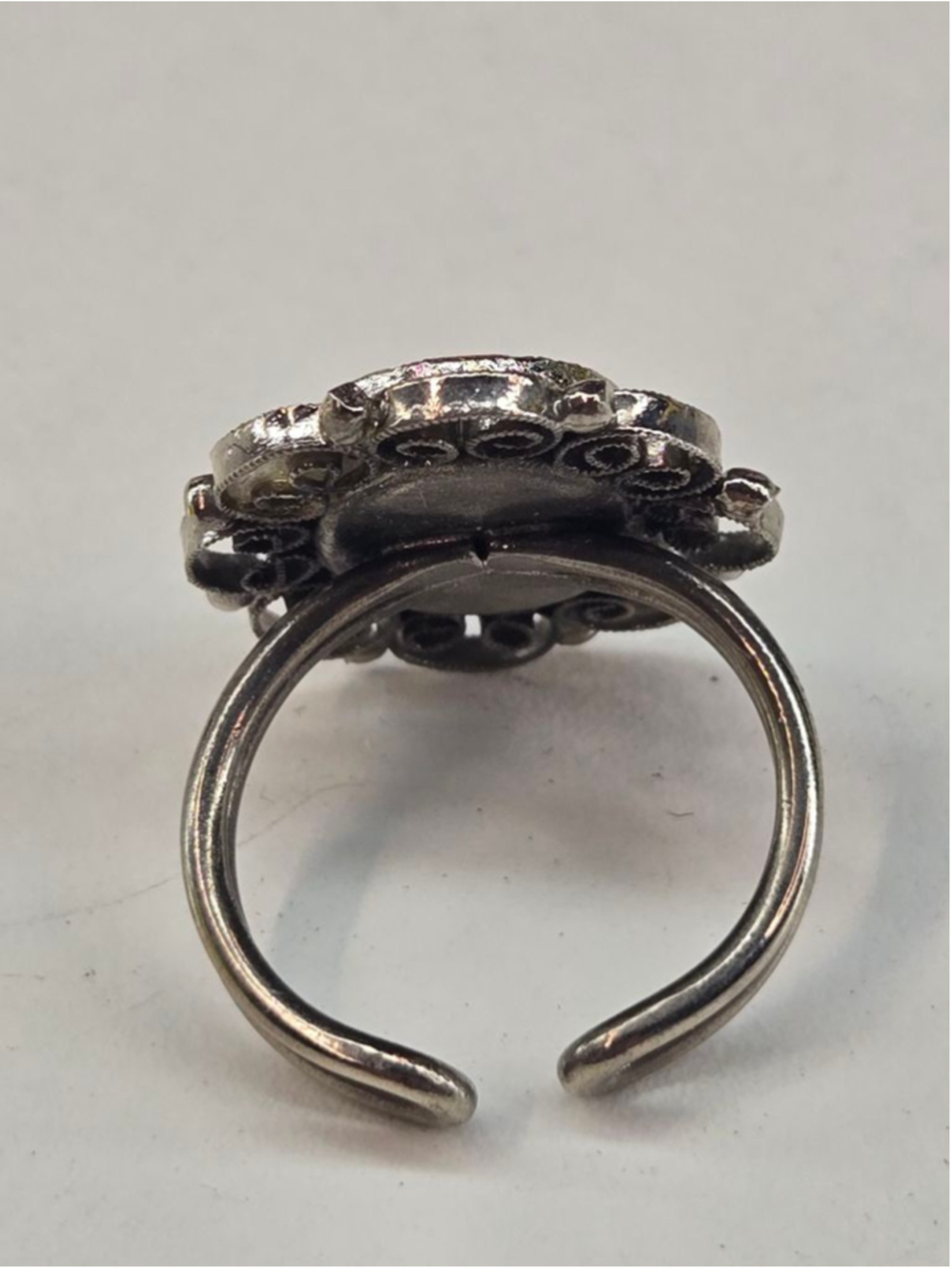 Micro Mosaic Ring Adjustable Ornate Silver Oval Frame Red Blue Floral Detailed - Picture 7 of 9